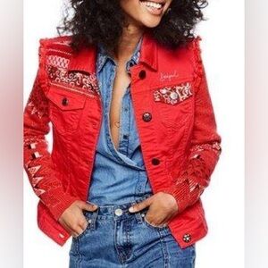 DESIGUAL Kyle Jacket Women's Denim Embroidered Stretchy Red